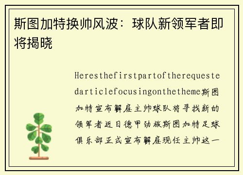 斯图加特换帅风波：球队新领军者即将揭晓